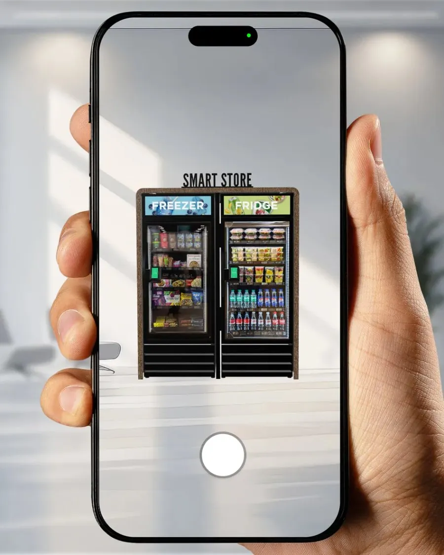 A phone previewing a two-unit smart store in an open space
