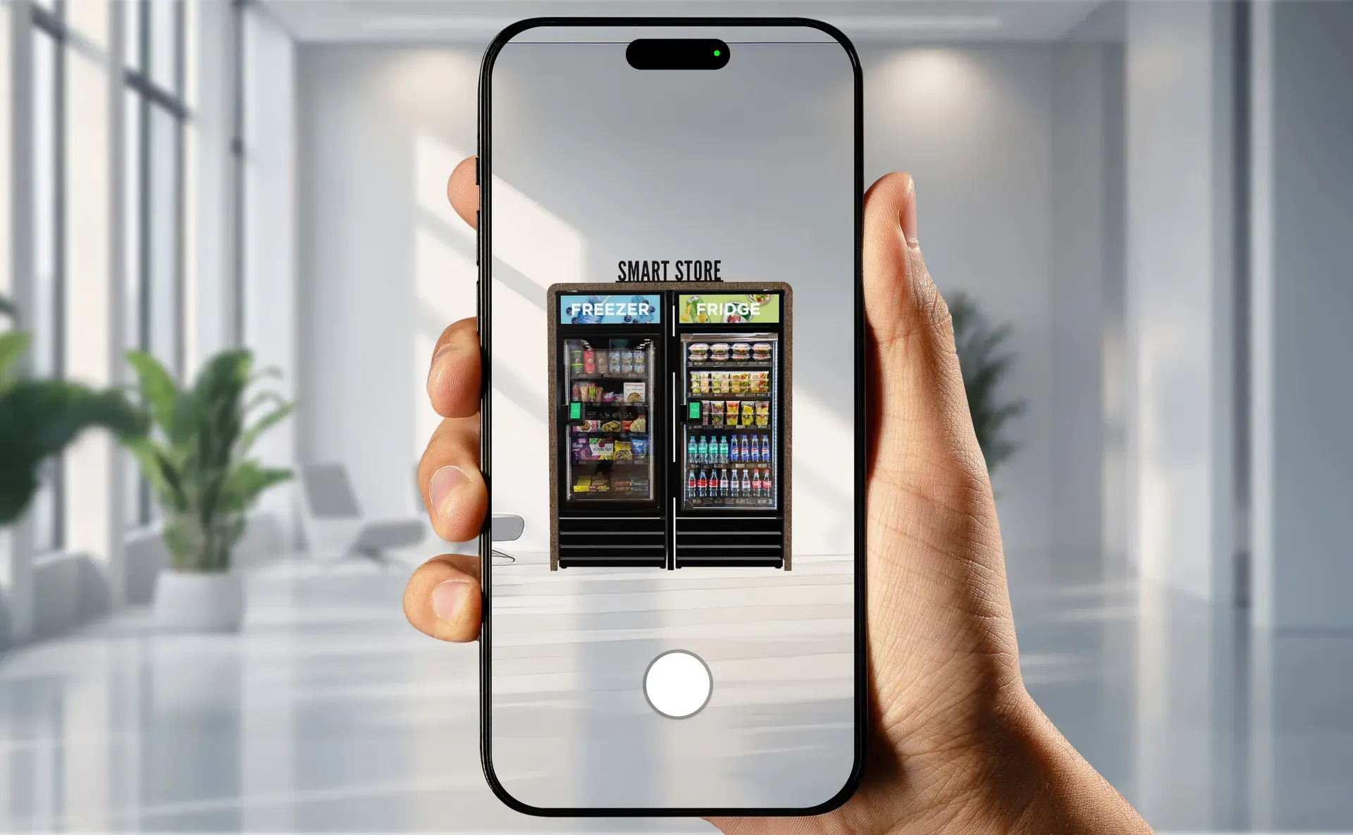 A phone previewing a two-unit smart store in an open space