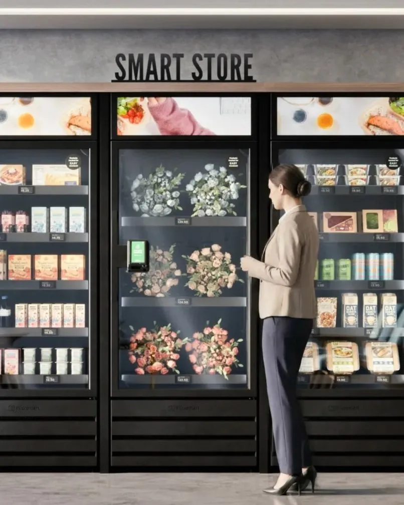 A visitor shopping at a three-unit smart store in a hospital atrium