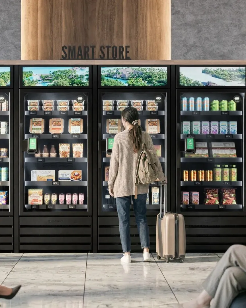 Guests at a four-unit smart store in a hotel lobby