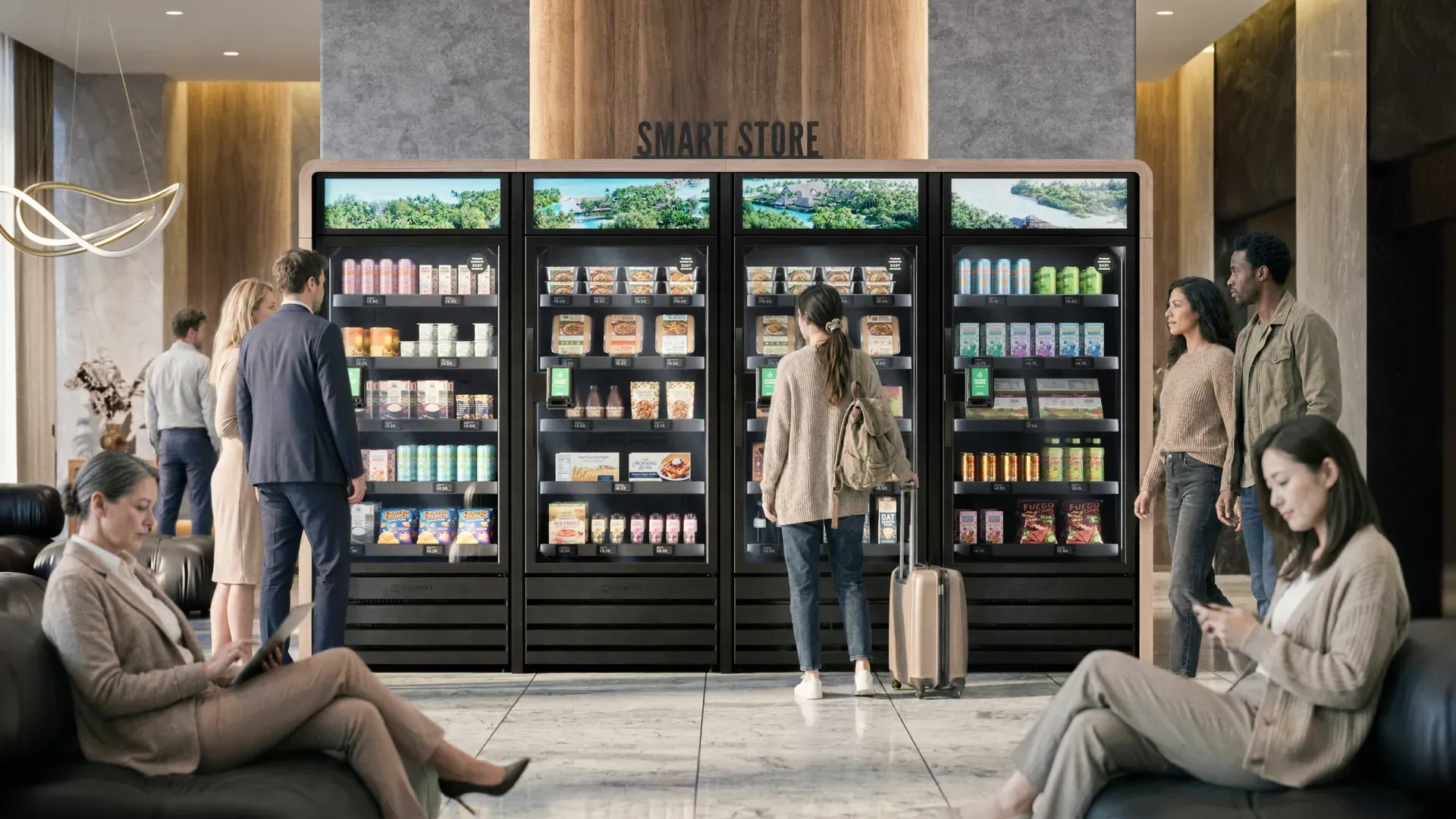 Guests at a four-unit smart store in a hotel lobby