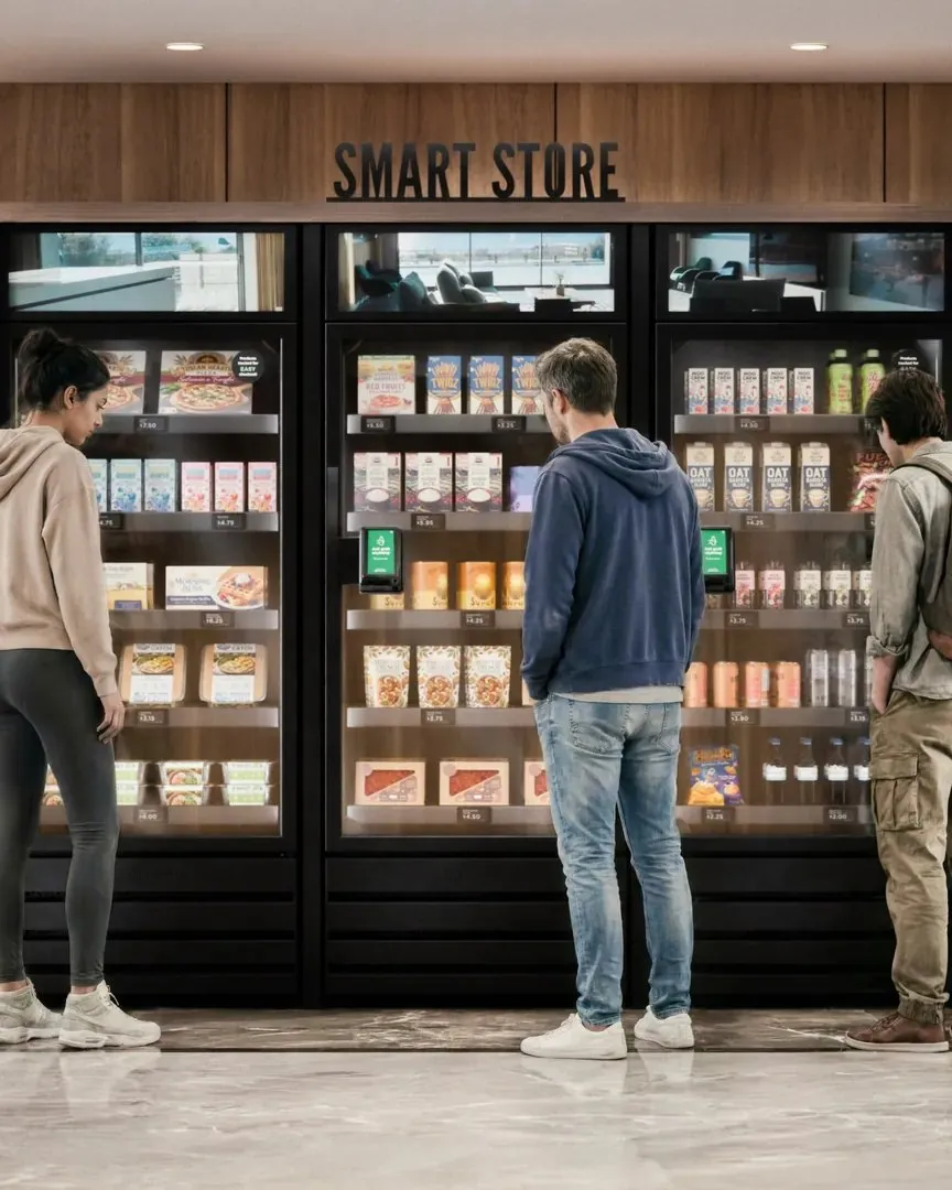 Residents shopping at a three-unit smart store in an apartment lobby