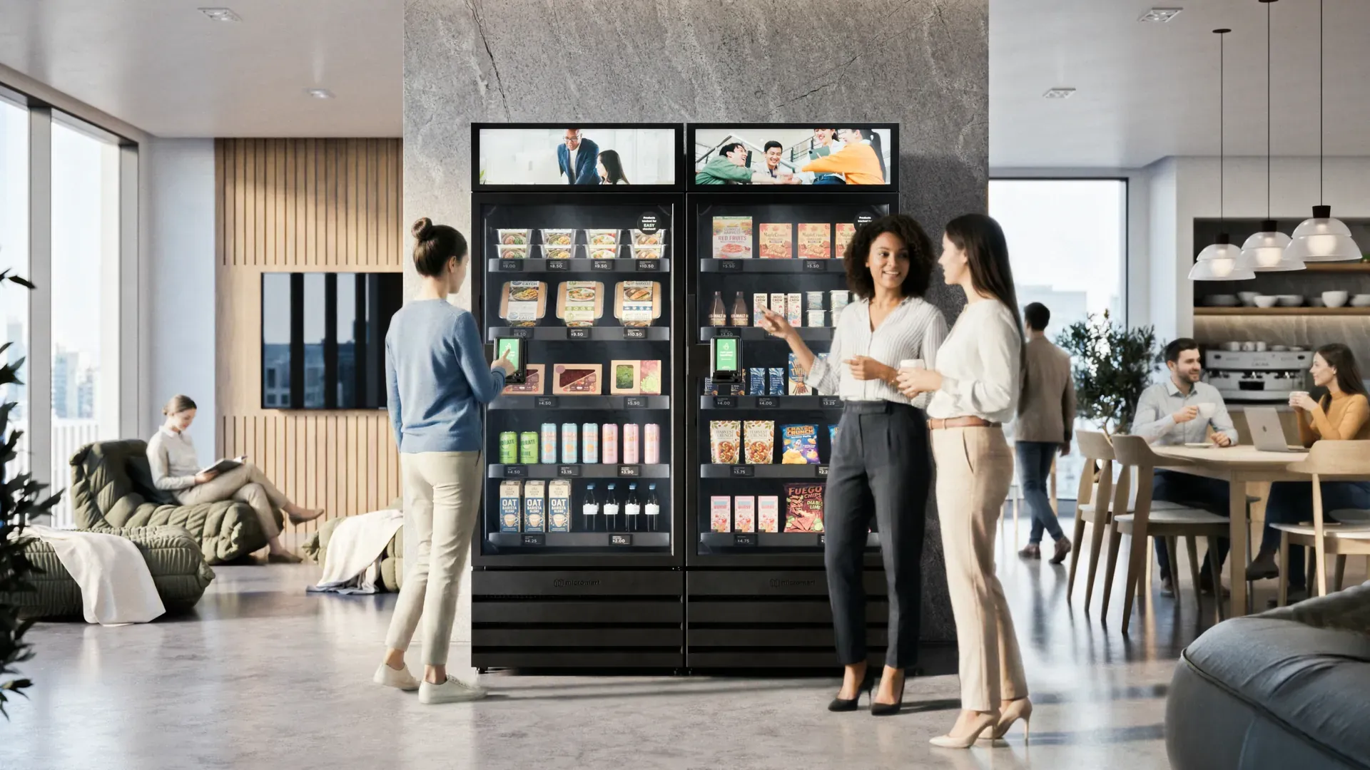 Colleagues at a two-unit smart store in an office lounge